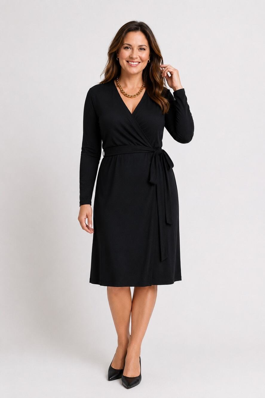 Ruby Ribbon Black Wrap Dress Long Sleeve Tie Waist V-Neck Size Large